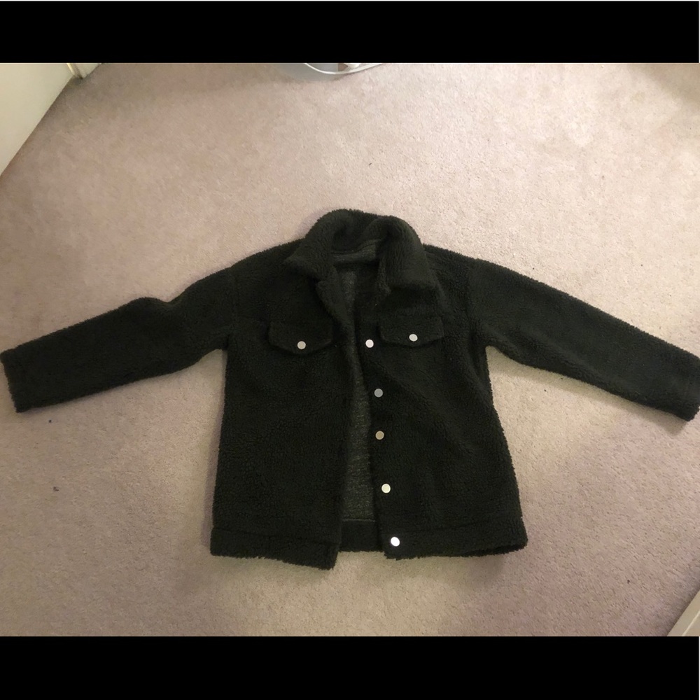 Olive Green Fuzzy Button Up Jacket